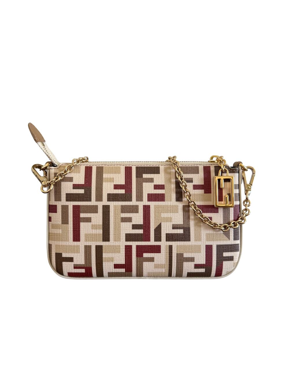 Fendi Mini Baguette Multicolor FF Zucca Coated Canvas Gold Chain Strap Charm